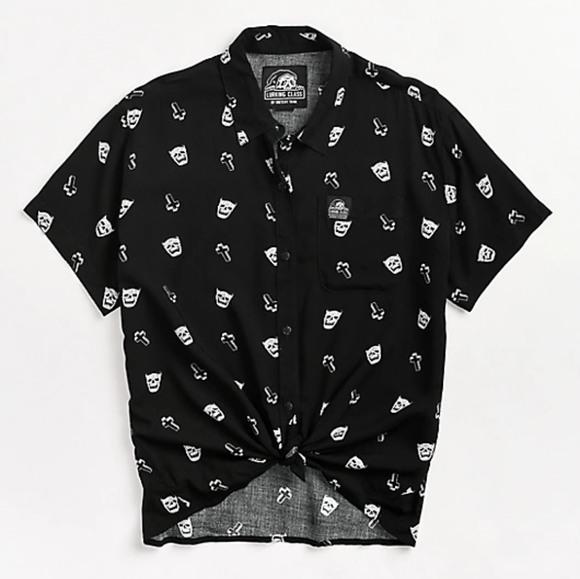 Lurking Class by Sketchy Tank Cry Print Black short sleeve button up shirt - Picture 3 of 5